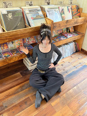 Hnewly  Black Striped Long Sleeve T-shirt Woman Autum O-neck Three Buttons Slim Tee Shirts Vintage Preppy Style Cotton Tshirts Y2k Tops