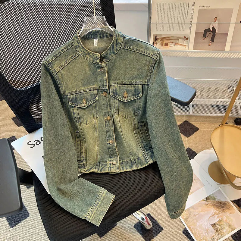 Hnewly  Fashion Denim Jacket Loose Casual Retro Jeans Short Coat Women's Spring Autumn Elegant Korean Standing Collar Long Sleeve Top