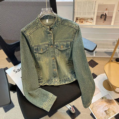 Hnewly  Fashion Denim Jacket Loose Casual Retro Jeans Short Coat Women's Spring Autumn Elegant Korean Standing Collar Long Sleeve Top