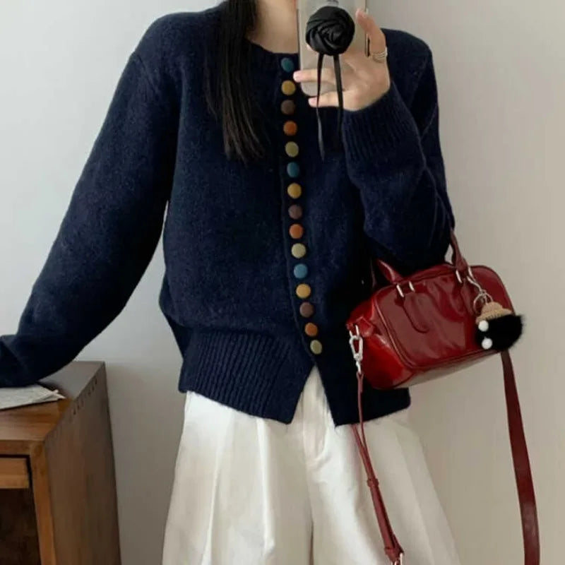 Hnewly  Multicolor Button Knit Sweater Cardigan Women Long Sleeve Button-Up Sweater Jacket Teen-girl Autumn Winter Korean Fashion Outfit