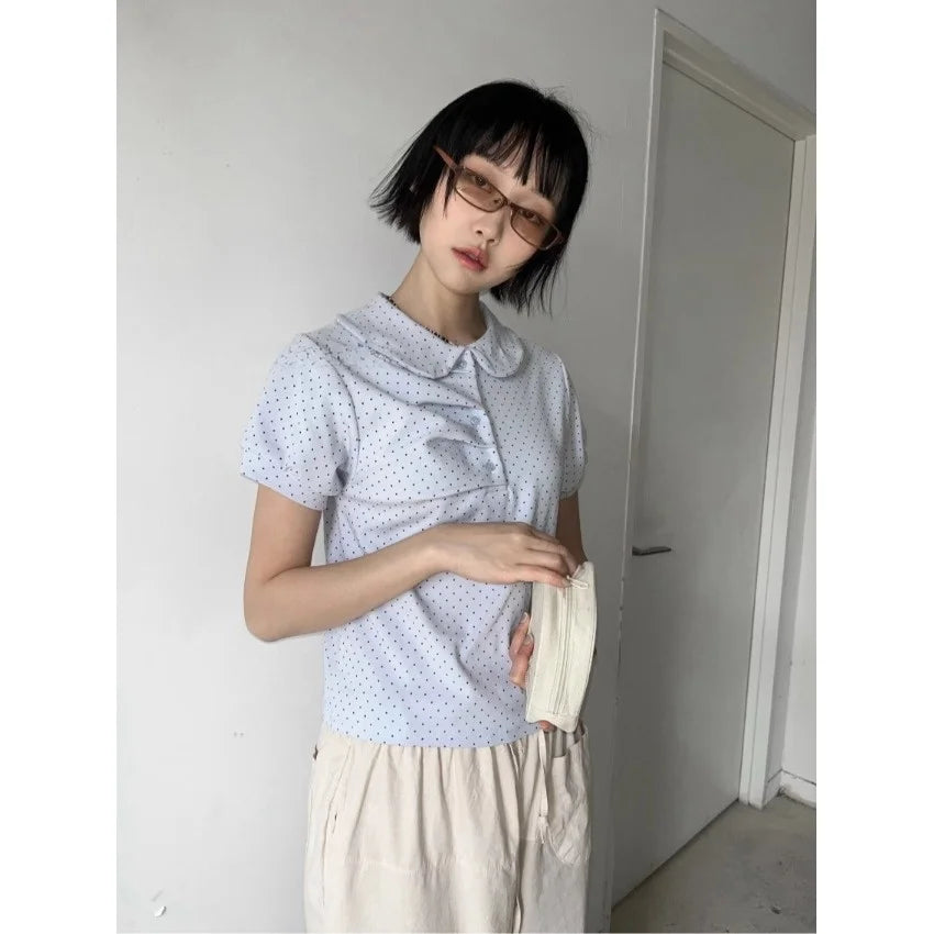 Hnewly Casual Polka Dot Pleated irt ort Sve Turn-down Collar Doll Collar Summer Faion Women's Polyester Fiber 00% Top