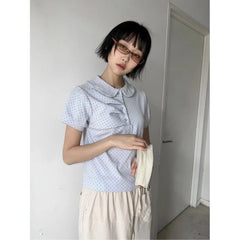 Hnewly Casual Polka Dot Pleated irt ort Sve Turn-down Collar Doll Collar Summer Faion Women's Polyester Fiber 00% Top