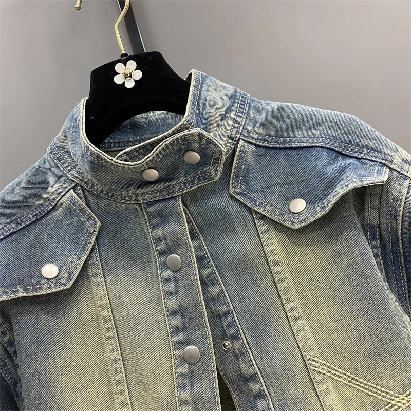 Hnewly  Women Standing Collar Denim Short Jacket Washed  Polished White Retro Motorcycle Outwear Spring Fashion Slim Long Sleeved Top