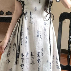 Hnewly  Print Long Dresses Spring Summer Chinese Style Vintage Woman Dress Elegant Bandage A-line Vestidos Para Mujer