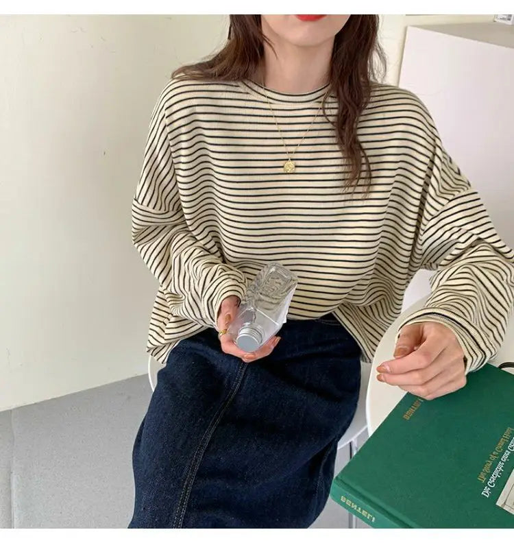 Hnewly  Coffee Stripes Cotton T-Shirts Women Loose Spring Autumn 2023 Lady Casual Full Sleeve O-Neck Chic All Match Tops