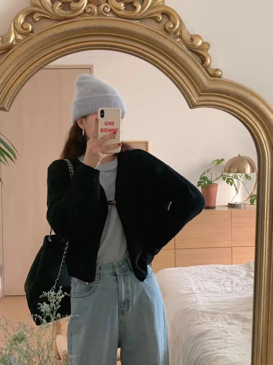 Hnewly  One Button Cardigan for Women Long Sleeve Single Button Up Plain Sweater Jacket Shrug Cardigan Teen-girl Y2K Outfit