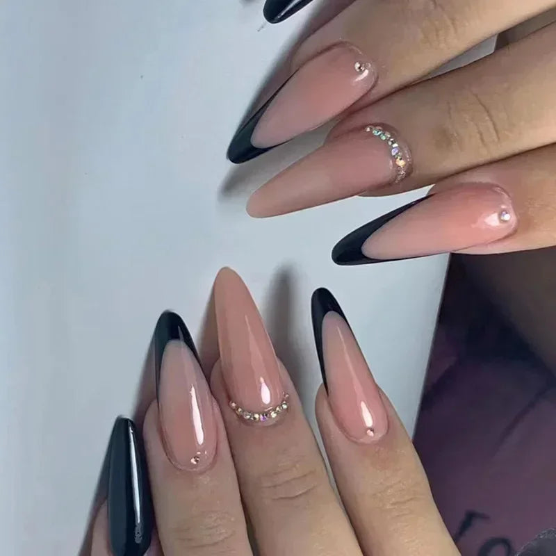 Hnewly 24Pcs French Gold Edge Wearable Almond Press on Fake Nails Simple Pearl Decoration False Nails with Glue Full Over Manicure Tips