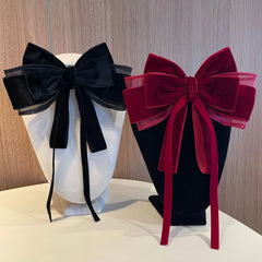 Hnewly  1PC Autumn Winter Red Velvet Bow with Ribbon Spring Clip Hair Barrette, Fairy-Inspired Hair Accessory for Back-of-Head/Top Styli