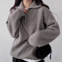 Hnewly  Quarter Zip Sweater Pullover Women Chunky Knit Polo Collar Oversize Jumper Sweater Jacket Teen-girl Autumn Winter Casual Outfit