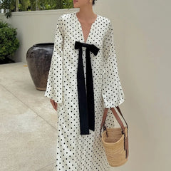 Hnewly  Bow V-Neck Printed Polka Dots Dress Women's Fashion Long Sleeves Loose Leisure Long Dress Autumn Grace Commuting Dress