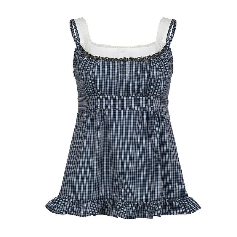 Hnewly Cute Coquette Plaid Print Crop Top Y2k Sweet Lace Patchwork Fake Two-piece Strap Tops Vintage 2000s Women Tees Aesthetic