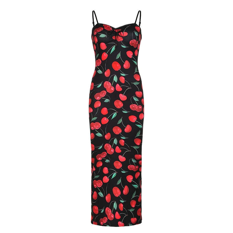 Hnewly Spaghetti Strap Elegant Summer Long Dress Cherry Printed Fashion Folds Beach Holidays Sundress Sexy Women's Dresses