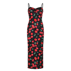 Hnewly Spaghetti Strap Elegant Summer Long Dress Cherry Printed Fashion Folds Beach Holidays Sundress Sexy Women's Dresses