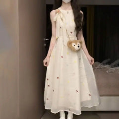 Hnewly  New Chinese-style Sweet and Slimming New Style in Summer New Style Waist-hugging French Bow Dress  the dress black dress white dress