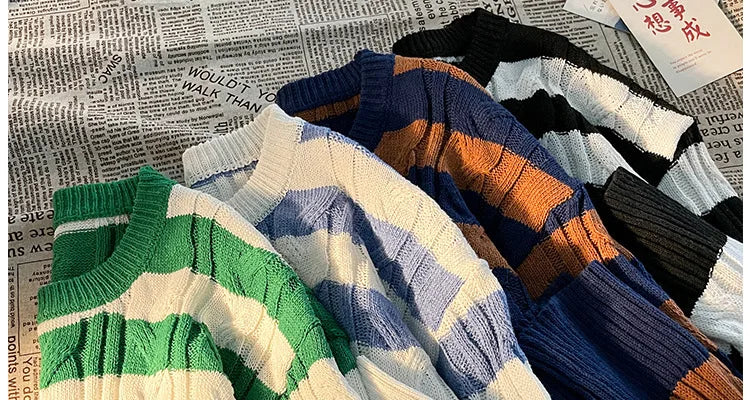Hnewly  Women Striped Retro Knitted Sweater Spring Autumn Loose Versatile Pullover Casual Fashion Holes Round Neck Long Sleeved Top