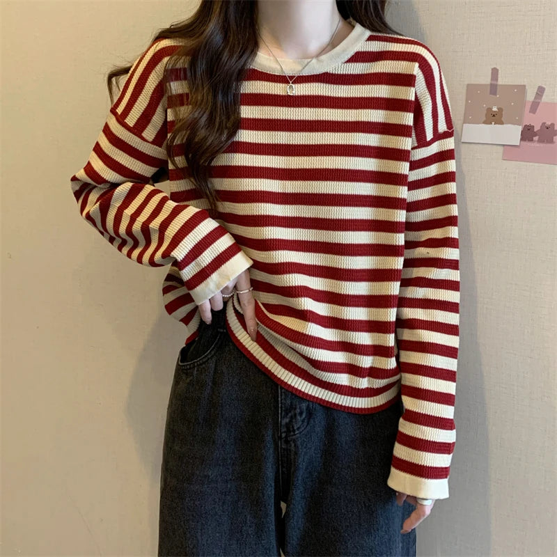 Hnewly  Women's Striped T-shirt Basic Tops Spring Autumn Fashion Color Contrast Loose O-neck Long Sleeve knitting Sweater