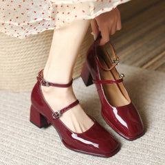 Hnewly New Women's Mary Janes Shoes High Quality Leather Shoes for Women Square Toe Shallow Buckle Strap Women's Shoes sandalias