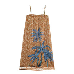 Lunivop  Holiday Orange Floral Tree Print Slash Collar Beading Strap Sling Mini Dress Women Loose Straight Dresses Femme Vestidos Robe