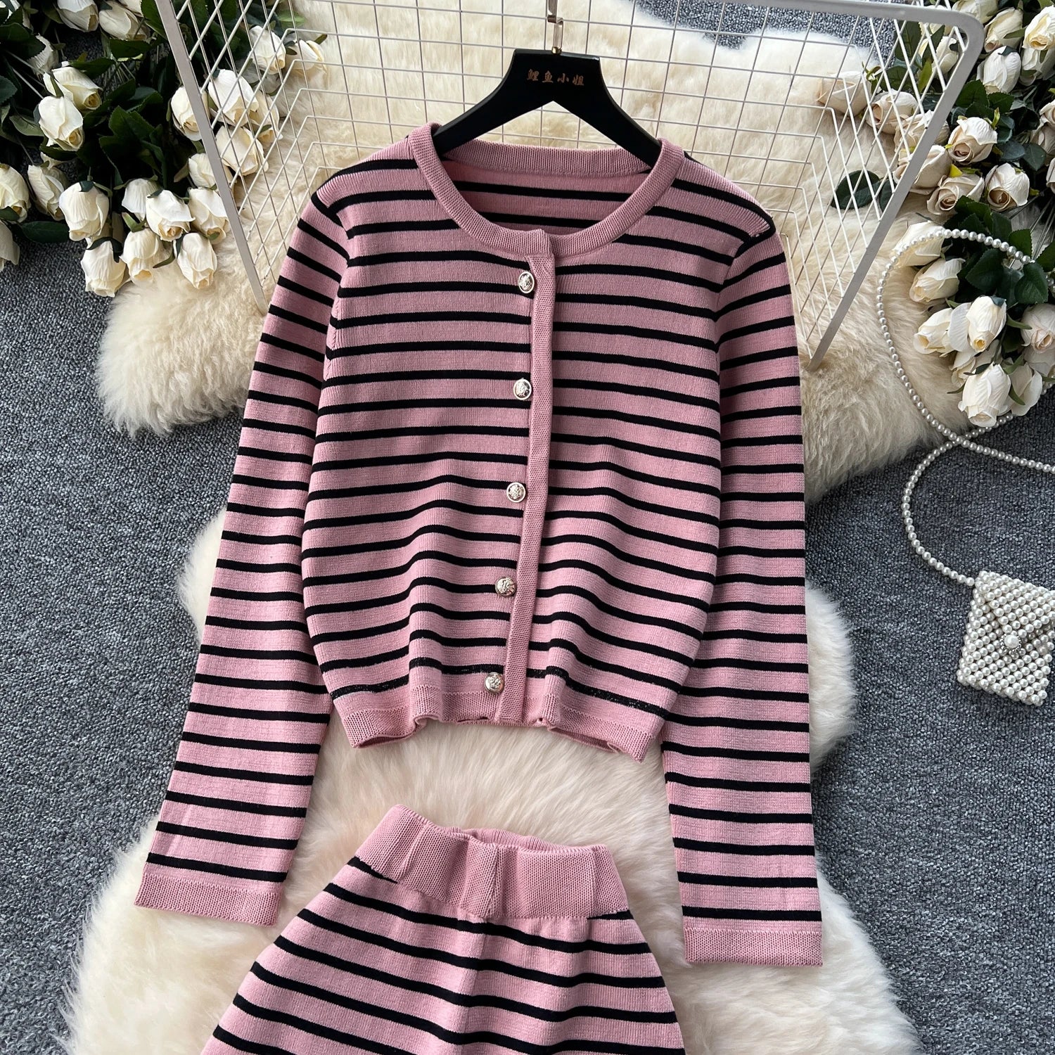 Hnewly  Elegant Knitted Set for Women's High End Versatile Round Neck Striped Knitted Cardigan+High Waist Casual Wide Leg Pants 2PCS