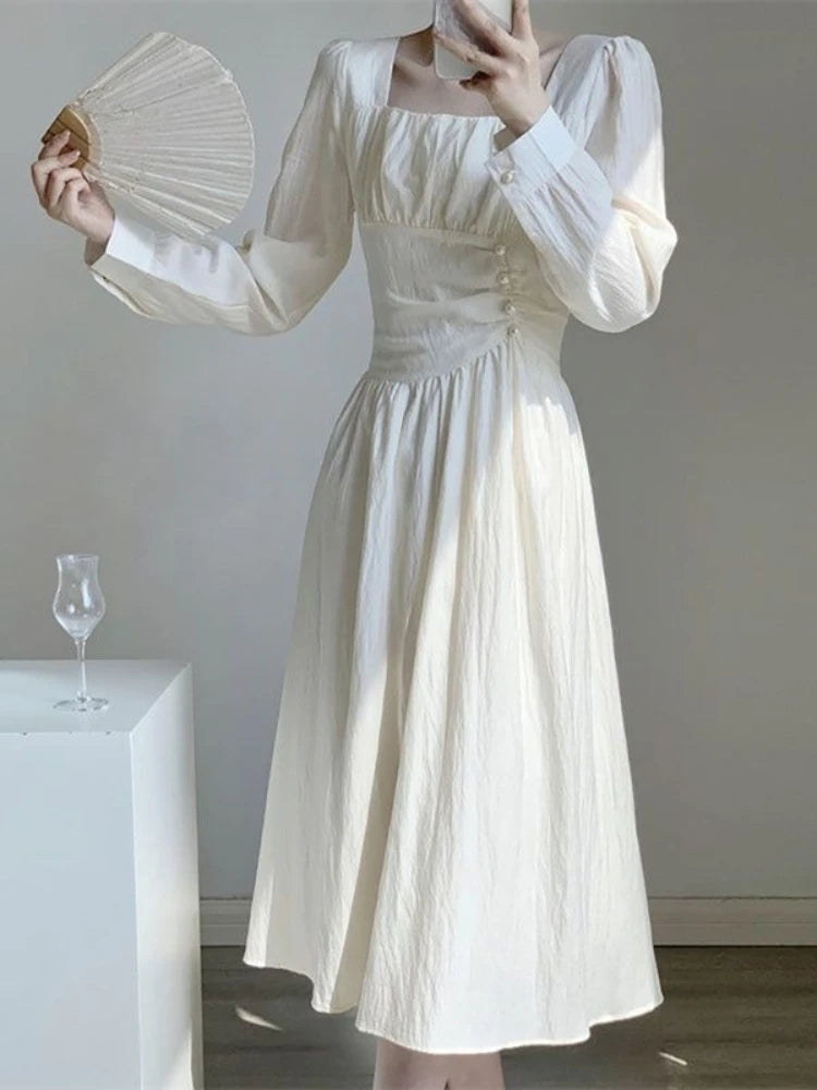 Hnewly  Vestidos Mujer White Solid Spring Summer Long Sleeve Korean Fashion Long Dress Elegant A-line Sweet Women Dresses
