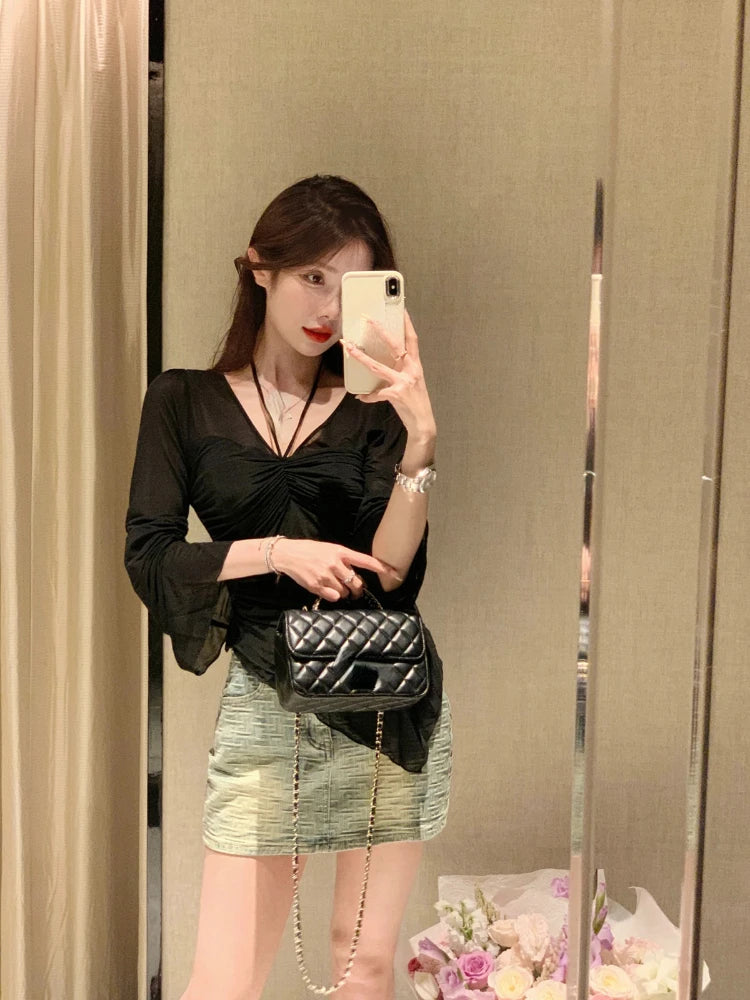 Hnewly Elegant Chiffon Lace Thin Blouse Women Casual Office Lady Beach Style Shirts Outwear Tops Korean Fashion Summer Chic V-Neck