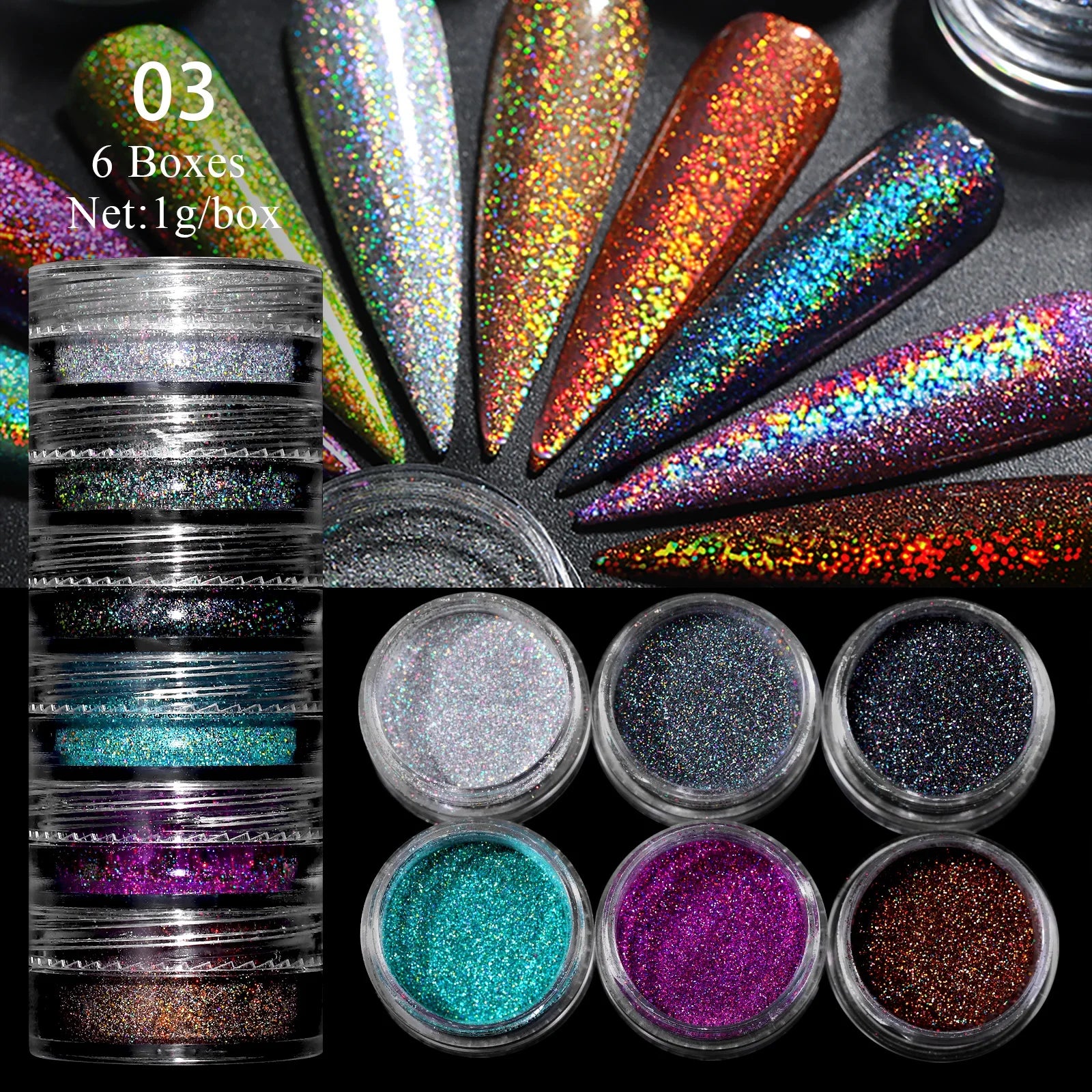 Hnewly 6Box/set Glitter Mirror Dust Nail Powder Chameleon Aurora Metallic Effect Pigments Laser For UV Gel Nail DIY Manicure Decoration