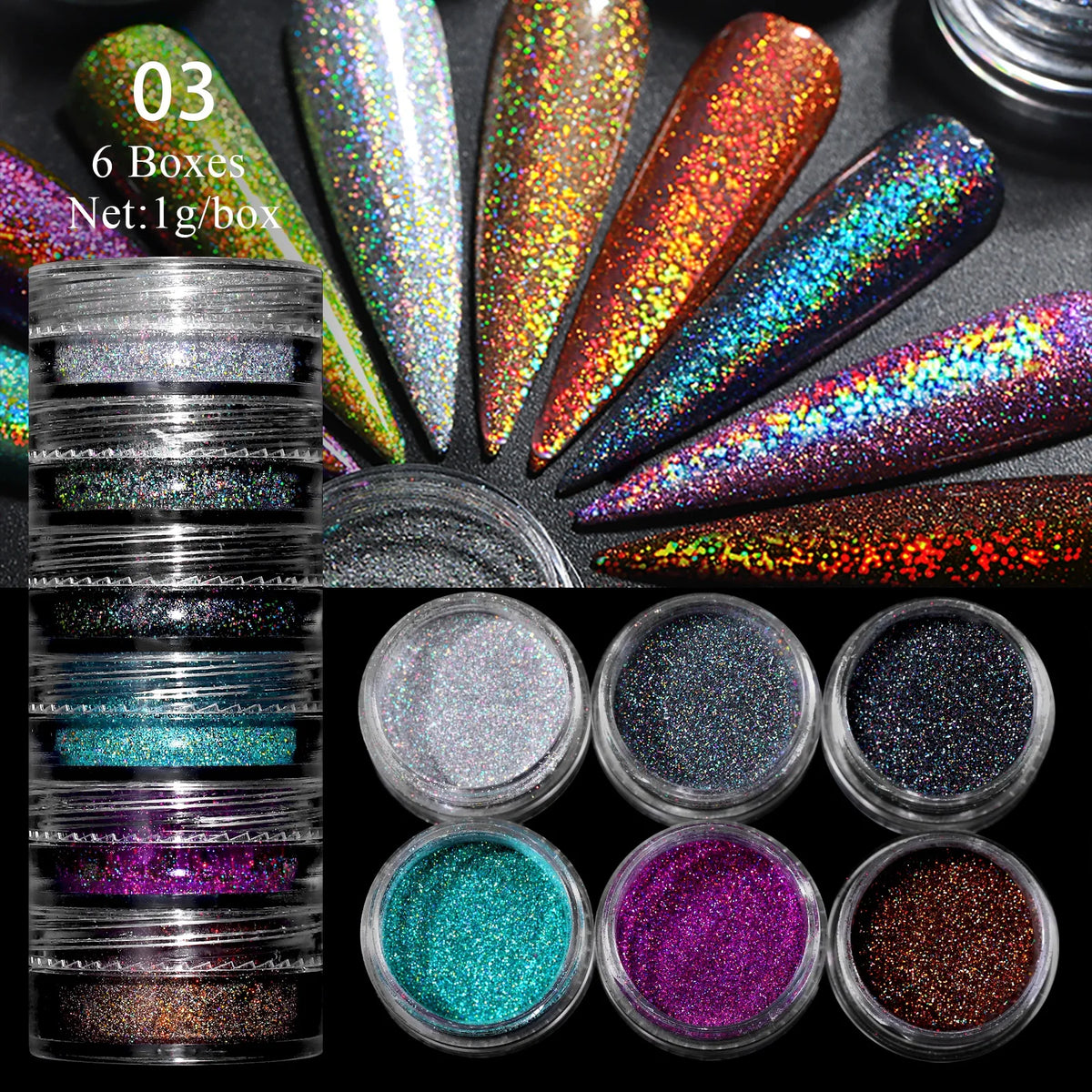 Hnewly 6Box/set Glitter Mirror Dust Nail Powder Chameleon Aurora Metallic Effect Pigments Laser For UV Gel Nail DIY Manicure Decoration