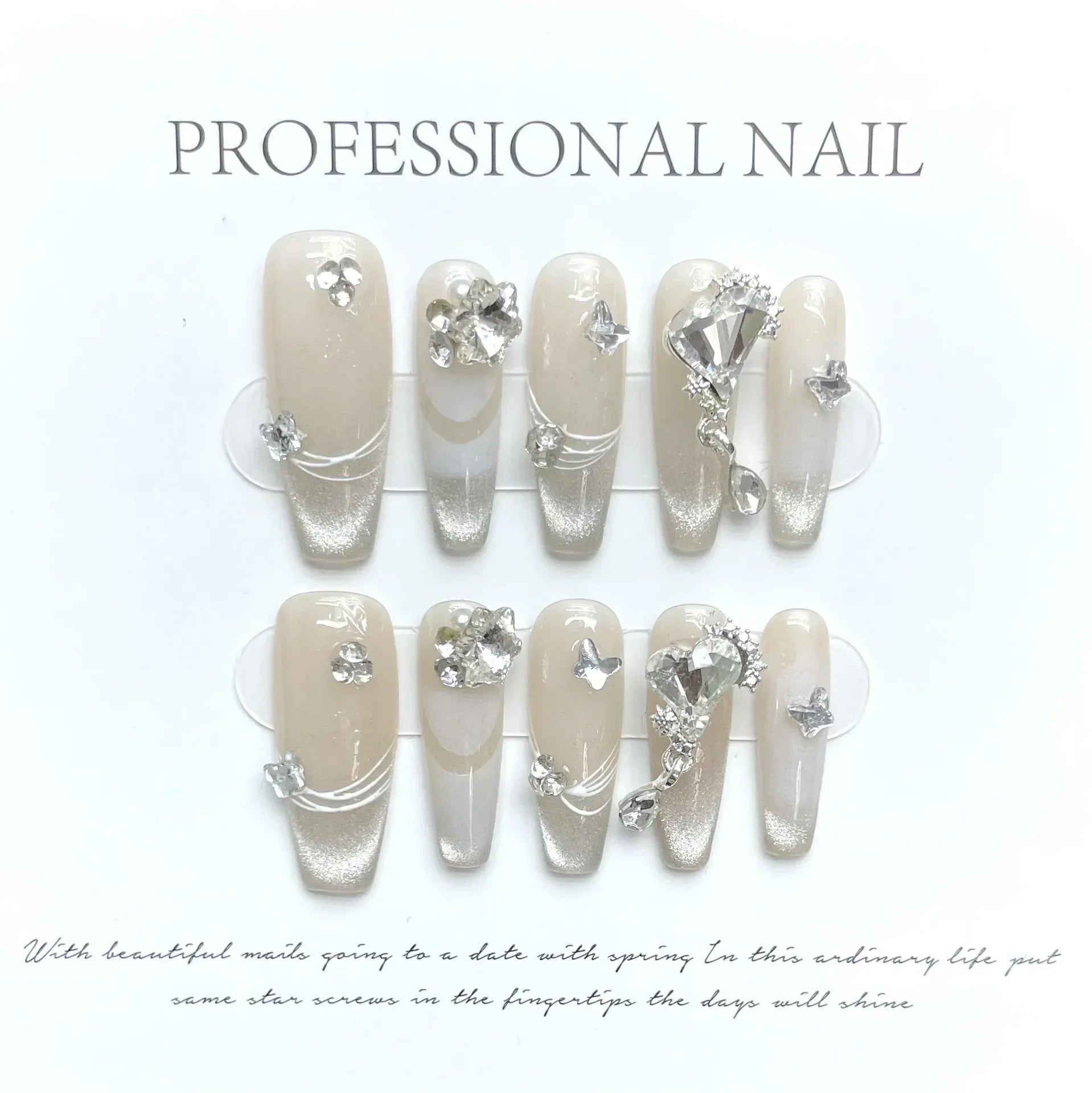 Hnewly 10Pcs Handmade Press on Nails Long Ballet Blue Fake Nails with 3D Ocean Moon Rhinestone Design False Nails Full Cover Nail Tips