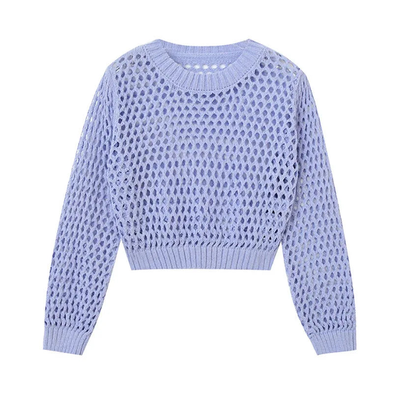 Hnewly Hollow Sun Protection Shirt Women's Summer Loose Pullover O-Neck Puff Long Sleeve Air Conditioning Knitwear Korean Retro Top