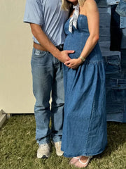Hnewly  Maternity Photoshoot Strapless Denim Dress Deep Blue Waist Cinch Full Skirt Pregnancy Photo Outfit Baby Shower Rustic Studio Pro