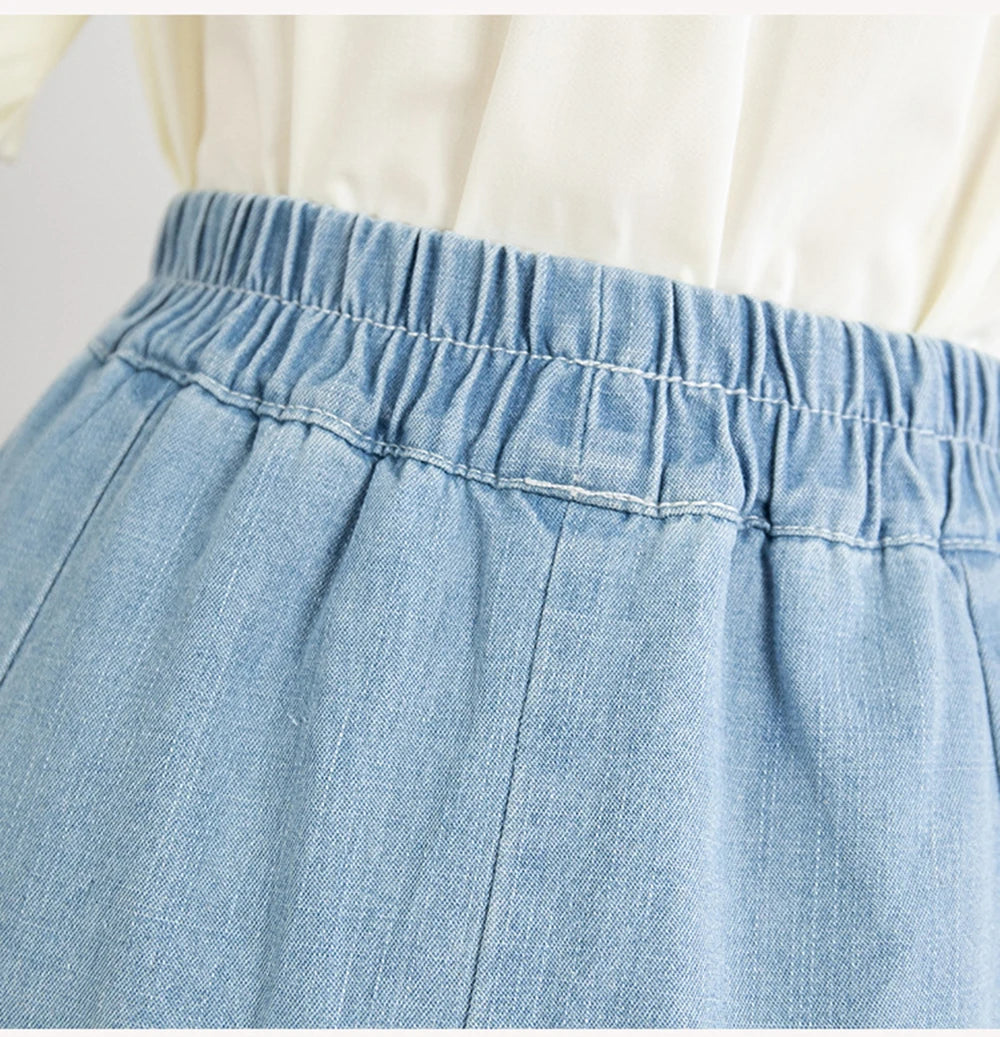 Hnewly M-5XL Oversize Denim Skirt Women's New Elastic High Waisted A-line Loose Fit Retro Knee-length Skirt with Built-in Safety Shorts
