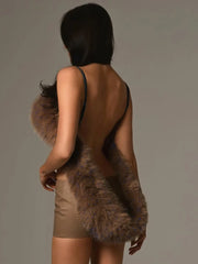 Hnewly  Cutenew Sexy Hipster Luxury 2-Piece Set Women Fur Backless Camisole+Zip Peach Hip Pu Skirt Matching Skinny Clubwear Outfits