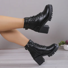 Hnewly  Winter New Fashion Comfortable Elegant Square with Women's Shoes Side Zipper Round Head Solid Color Simple Thick Heel Boots