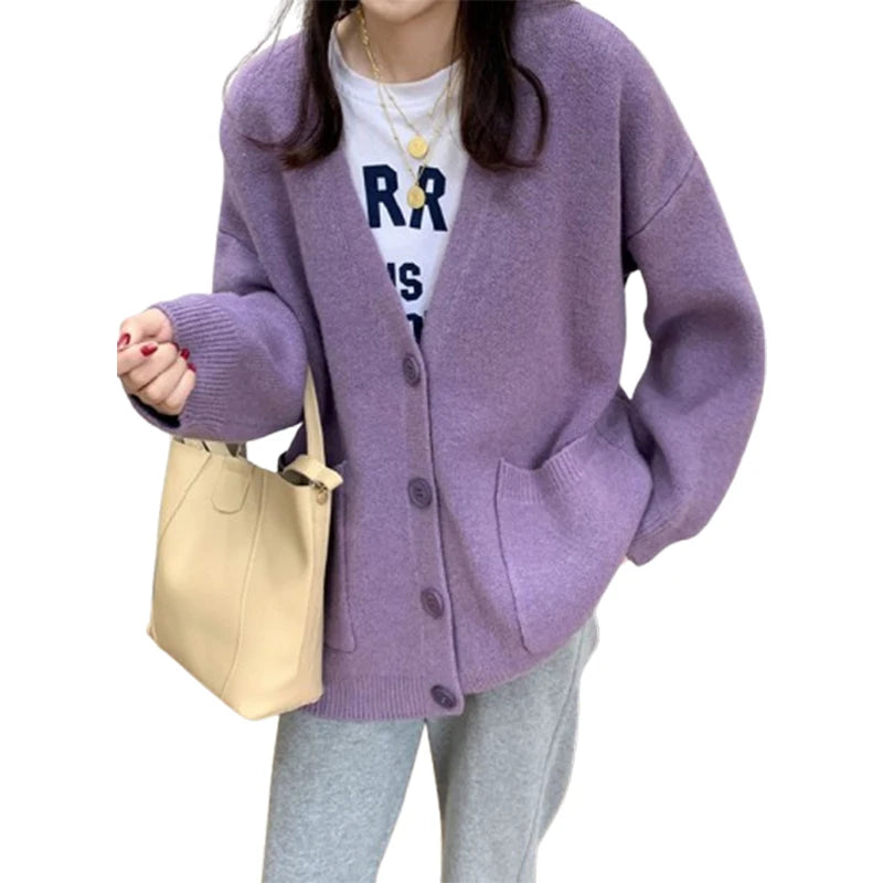 Hnewly Women Cardigan Sweater y2k Clothes Solid Color V Neck Single Breasted Long Sleeve Knitted Tops with Pockets Streetwear