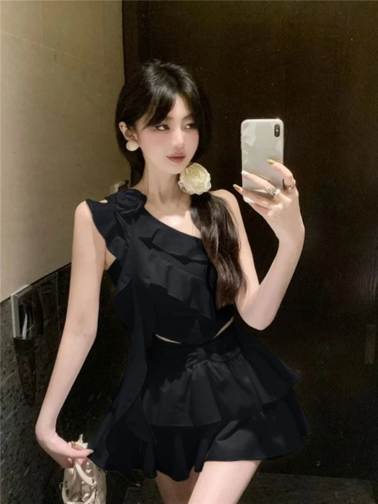 Hnewly Summer Japanese 2 Piece Skirt Set Women Off-the-Shoulder Sexy Y2k Crop Top Slim Fit Ruffle Y2k Mini Skirt Chiffon Korean