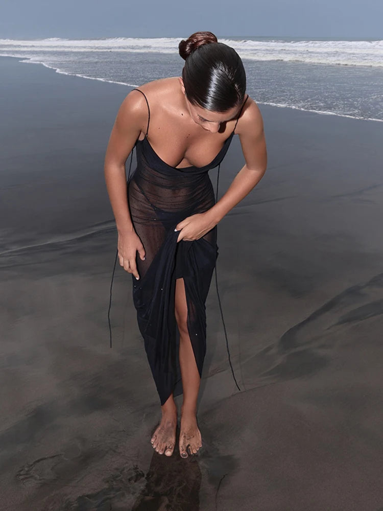 Hnewly  See Through Maxi Dress Women Sexy Sleeveless Skinny Midnight Vacation Beach Clubwear Party Summer Coquette Vestidos