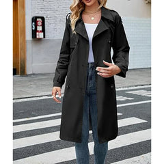 Hnewly  Women's Double Breasted Long Trench Coat, Classic Lapel V-Neck Long Sleeve Windproof Overcoat with Belt
