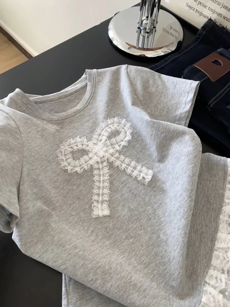 Hnewly  Lace patchwork Short Sleeved T-shirt Ballet Style Sweet Bow Top Women's Korean Round Neck Loose Versatile Tee Casual Pullover