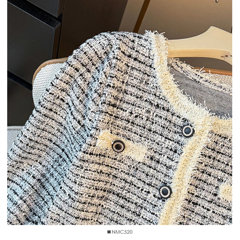 Hnewly  Fashion Sweet Tweed Jacket Women 2025 Autumn New Luxury Single-breasted Short Coats O-Neck Long Sleeve Elegant Female Outwear