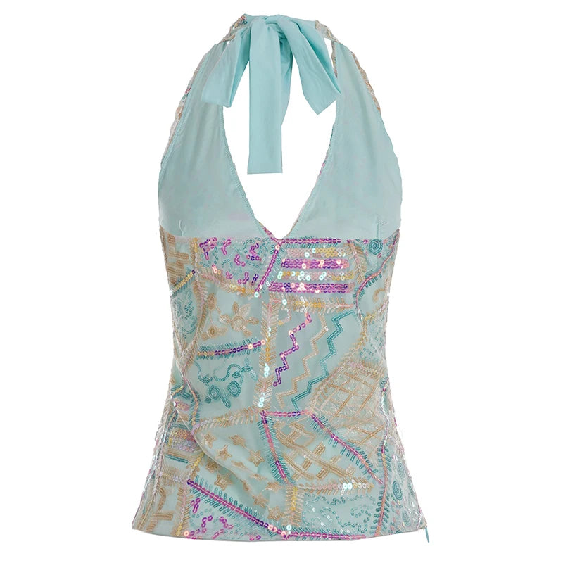 Hnewly Fashion Indie Folk Style Sequined Skinny Women Halter Tops V-Neck Backless Hottie Y2k Chic Sexy Blouses