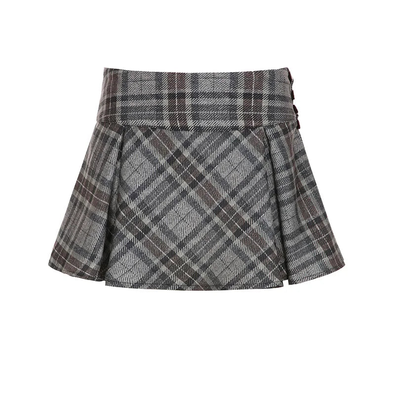 Hnewly Academia Style Plaid Ruched Women’s A-Line Skirts Fashion All-Match Button Bow Design Mini Skirts Korean