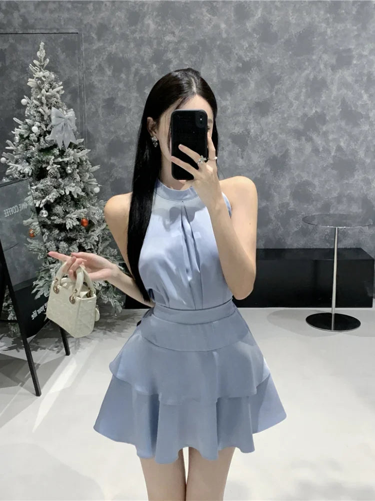Hnewly Two Piece Set Women Y2k Crop Tank Tops Loose Solid Fashion Camis Sleeveless Blouse High Waist Skirts Elegant Suits Ladies Korean