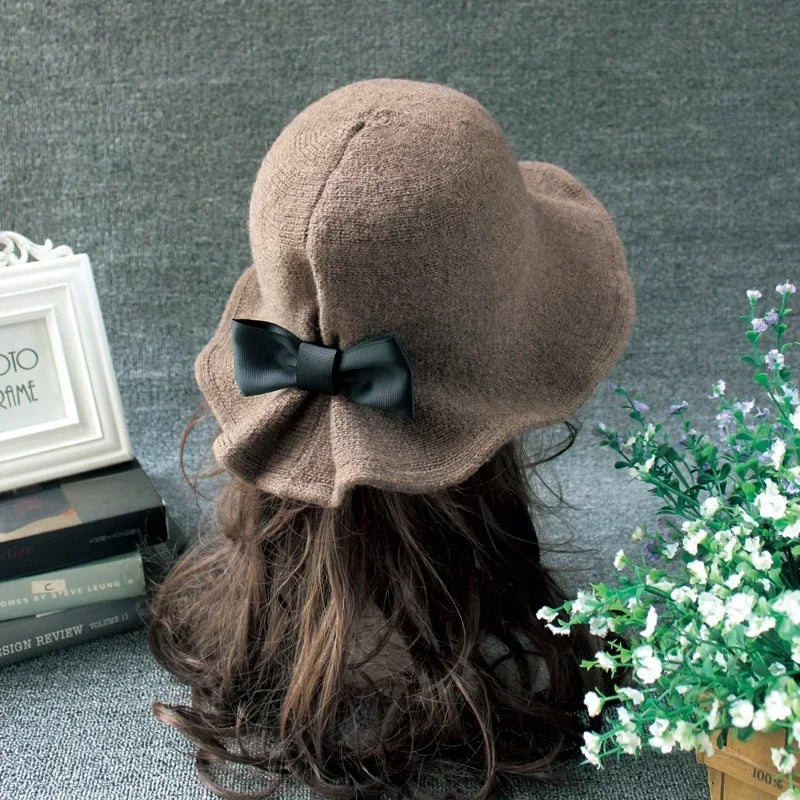 Hnewly Vintage Wool Bucket Hats Women Fashion Bows Basin Fisherman Hat Winter Black Coffee Dark Camel Hat Ladies Head Accessories