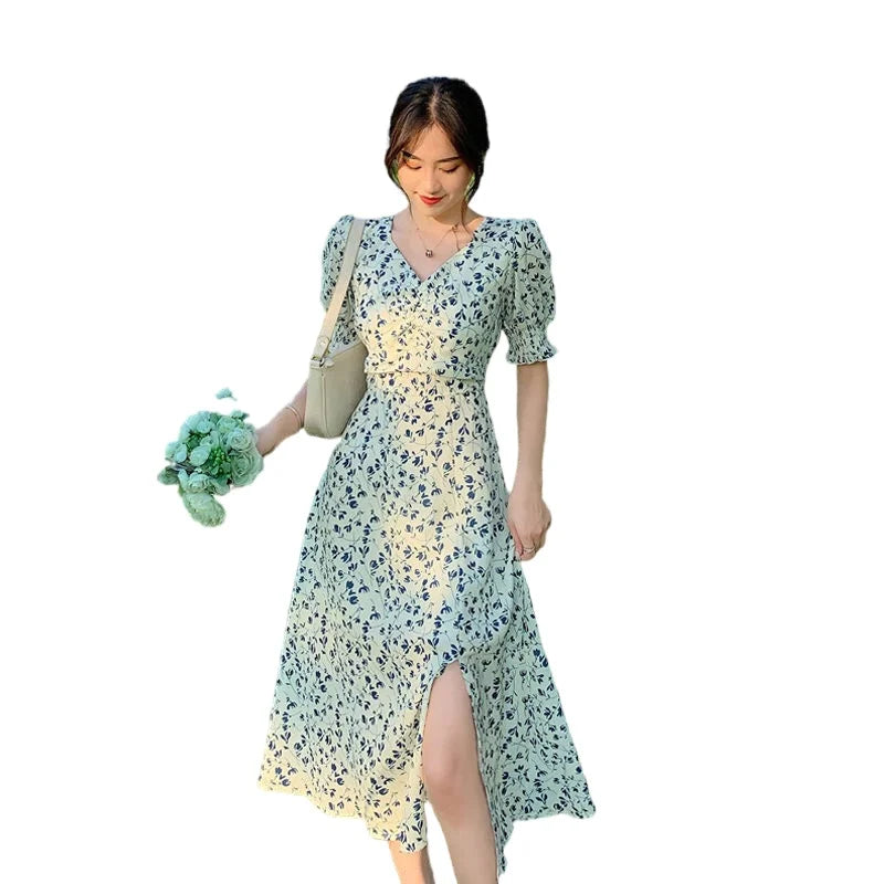 Hnewly Harajuku Floral Dress for Women Party French Vintage Retro Office Lady Casual Club Mini Sexy Dresses Summer New Clothes