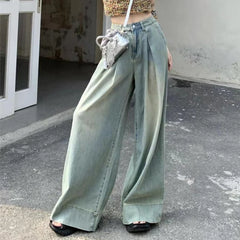 Hnewly  Retro Loose Folds Jeans for Women Spring Autumn Button High Waist Blue Straight Jeans Woman Pockets Wide Leg Pants Mujer