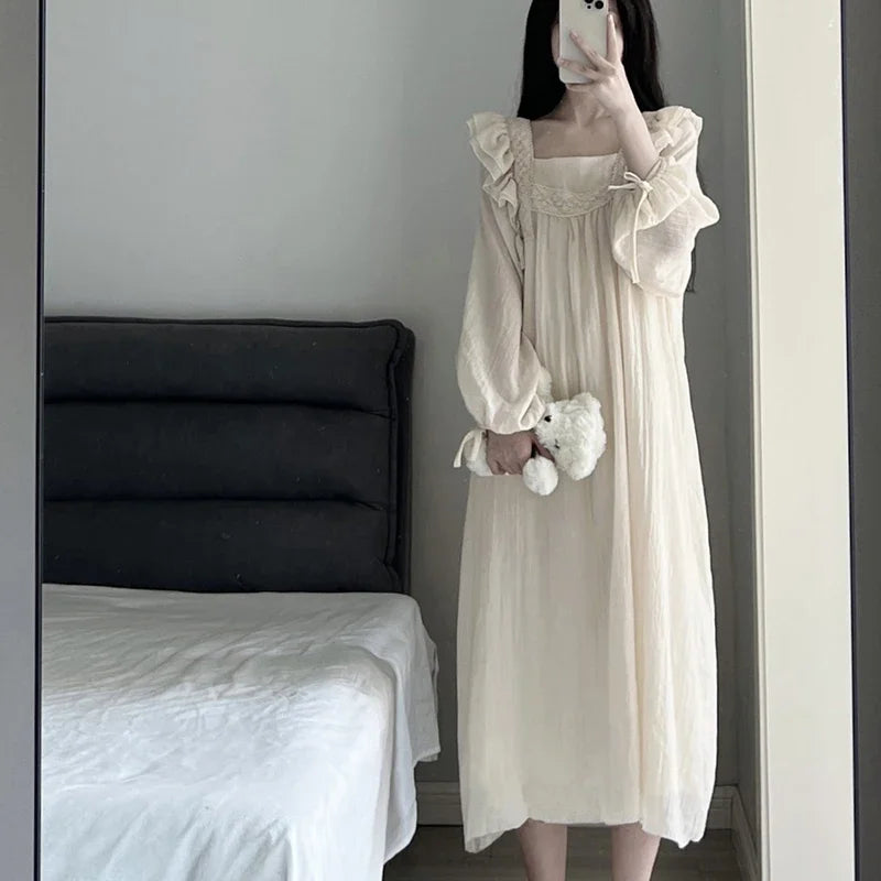 Hnewly Lace Nightgown Sleepwear Women Korean Ruffles Night Dress Spring One Piece Pajamas Long Sleeve Square Collar Home Wear 2024 New