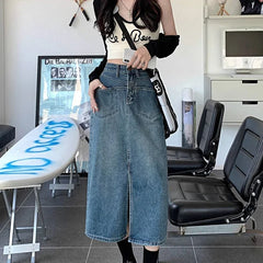 Hnewly  Retro Blue Long Denim Skirt for Women High Waist Split A-Line Mid Calf Skirts Woman Summer High Street Pocket Jeans Skirt