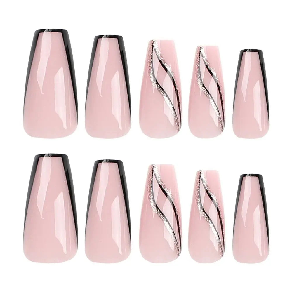 Hnewly French False Nails White Edge Crystal Blue Gradient Press on Nails Gold Glitter Sequins Lines Full Cover Nail Tips Women Girls
