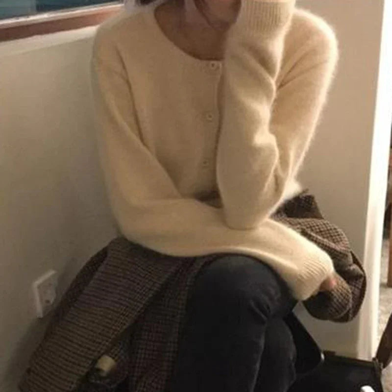 Hnewly Cold Weather Outfits Fall Solid Color Knitted Cardigan Women Korean Single Breasted Long Sleeve Jumper Woman Round Neck All Match Sweater Outwear Top