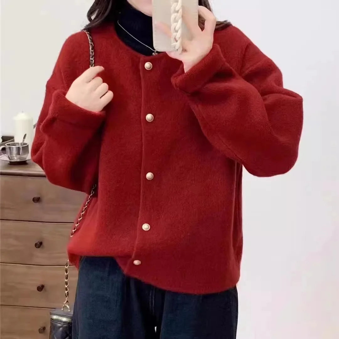 Hnewly  Women Sweater Cardigan Polished Gold Button Up Soft Knitted Long Sleeve Sweater Jacket Top Fall Winter Korean Ladies Chic Outfit